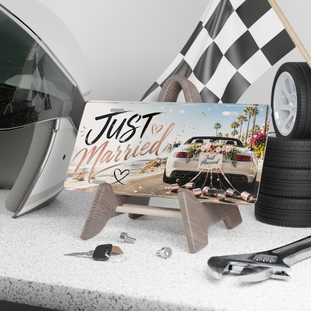Just Married car scene Vanity Plate | wedding license plate