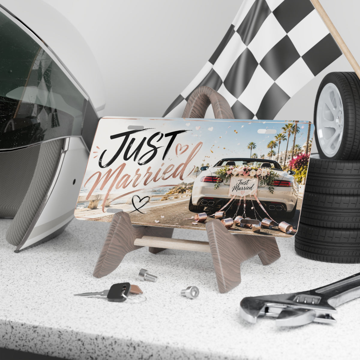 Just Married car scene Vanity Plate | wedding license plate