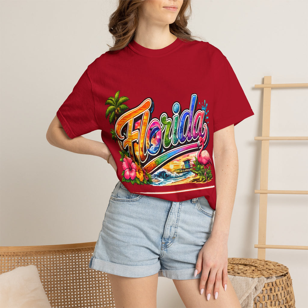 Florida Retro Palm Beach Sunset T-Shirt | Flamingo Hibiscus