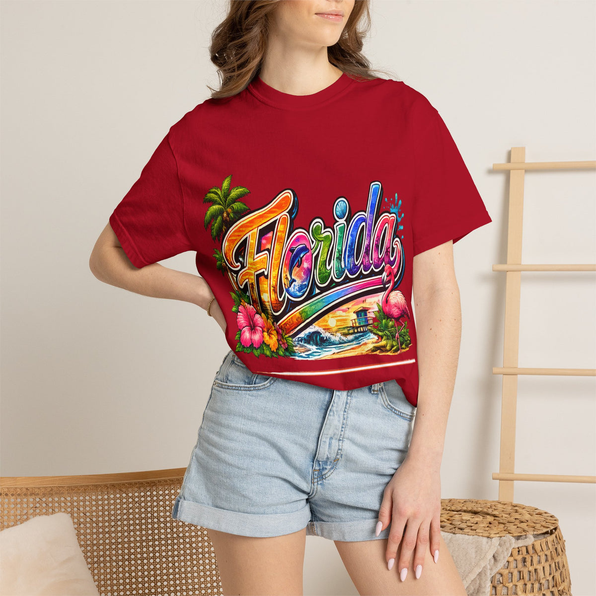 Florida Retro Palm Beach Sunset T-Shirt | Flamingo Hibiscus
