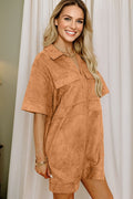 Faux Suede Collared V-Neck Short Sleeve Dress