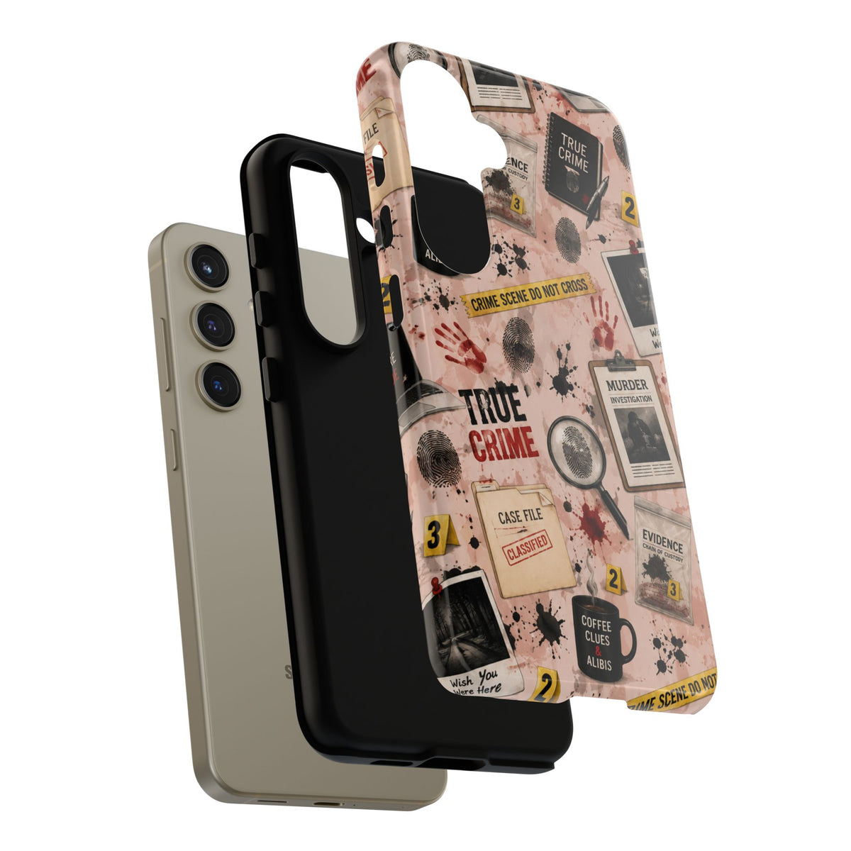 True Crime Pattern Phone Case – Detective Evidence, Crime Scene Tape & 'True Crime' Design