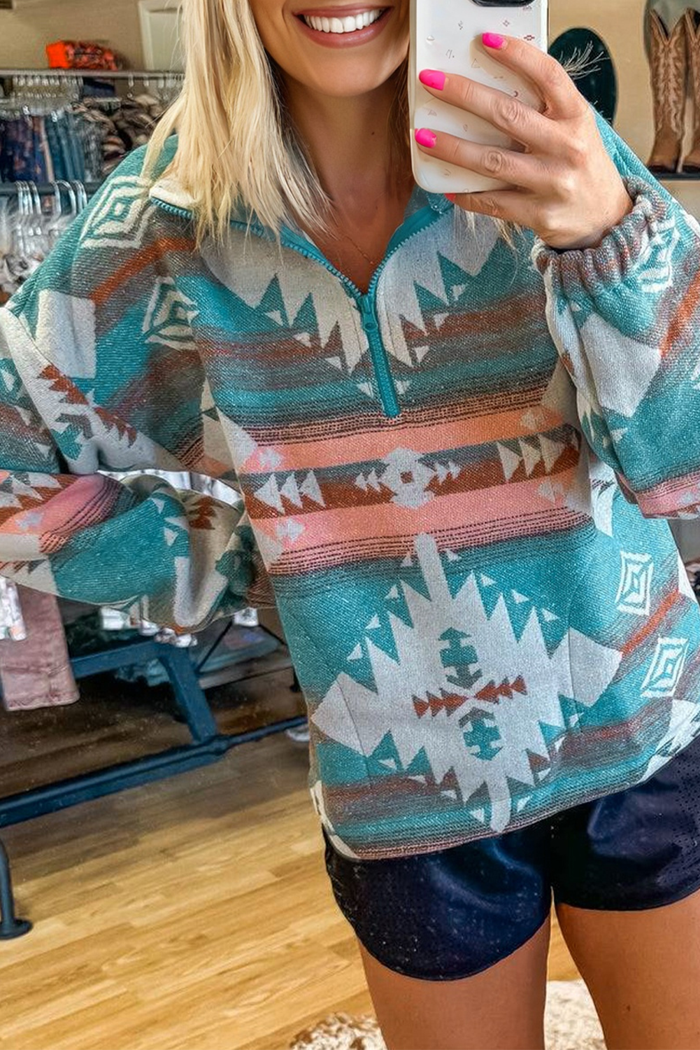 Western Aztec Quarter-Zip Elastic Cuffs Sweatshirt
