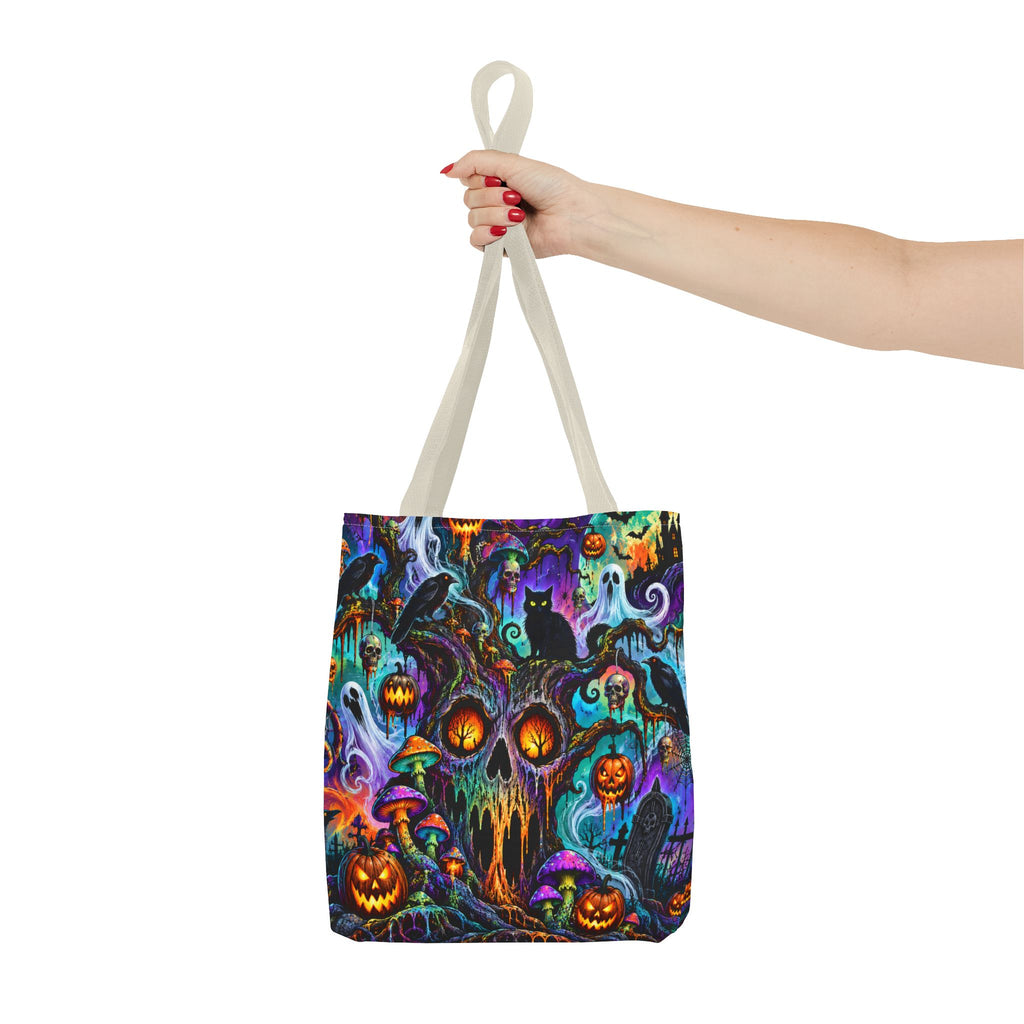Halloween Haunted Pumpkin Tote Bag — Spooky Cat & Ghosts All-Over Print