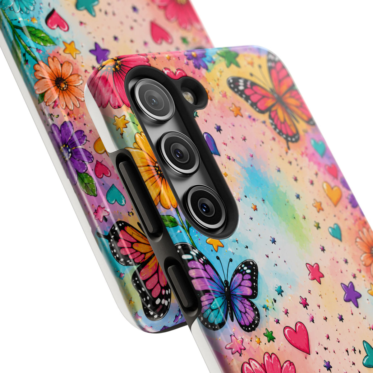 Colorful Butterflies and Flowers Tough Phone Case | Rainbow Hearts Stars