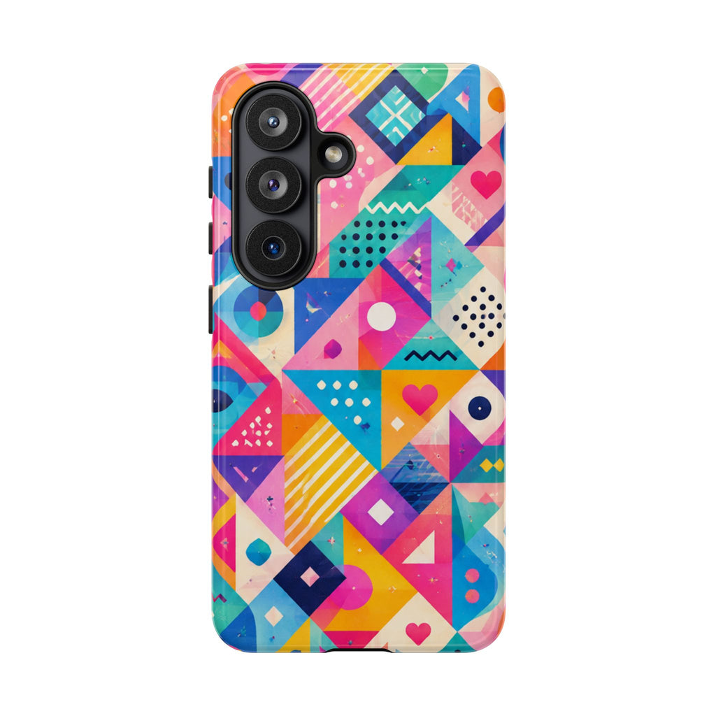 Colorful Geometric Tough Phone Case — Bright Abstract Heart & Triangle Pattern