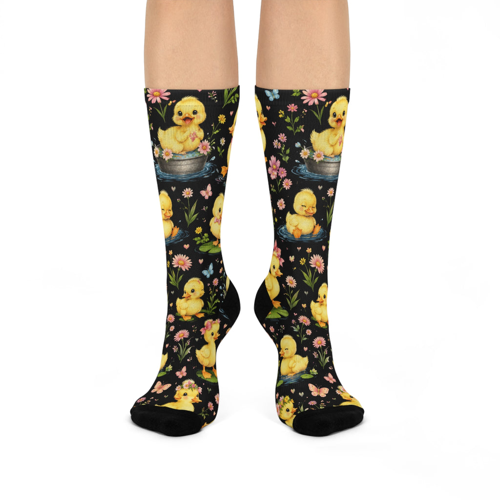 Crew Socks — Vintage Yellow Chicks Floral Pattern (Easter Spring)