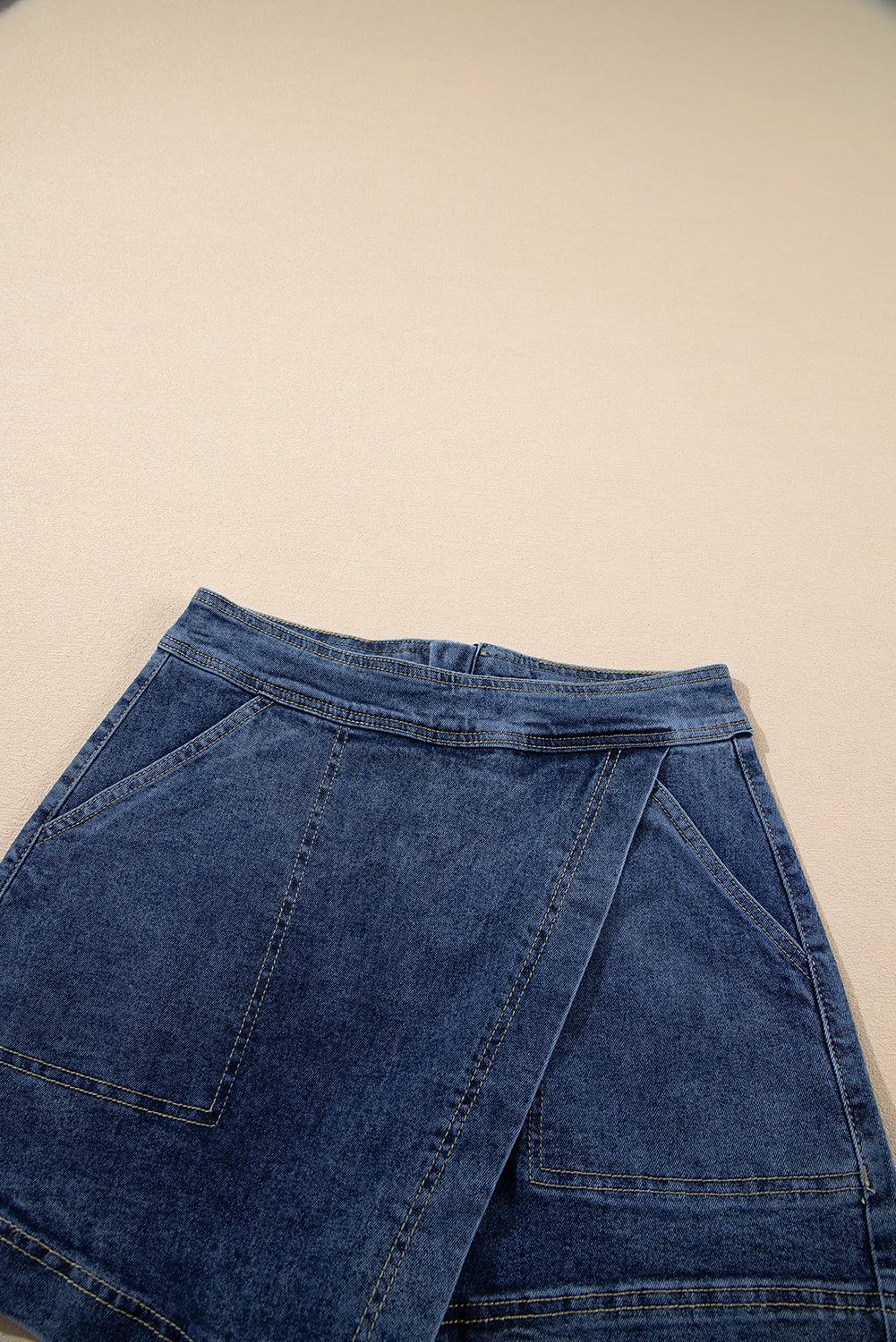 Solid Denim Faux Wrap Mini Skort