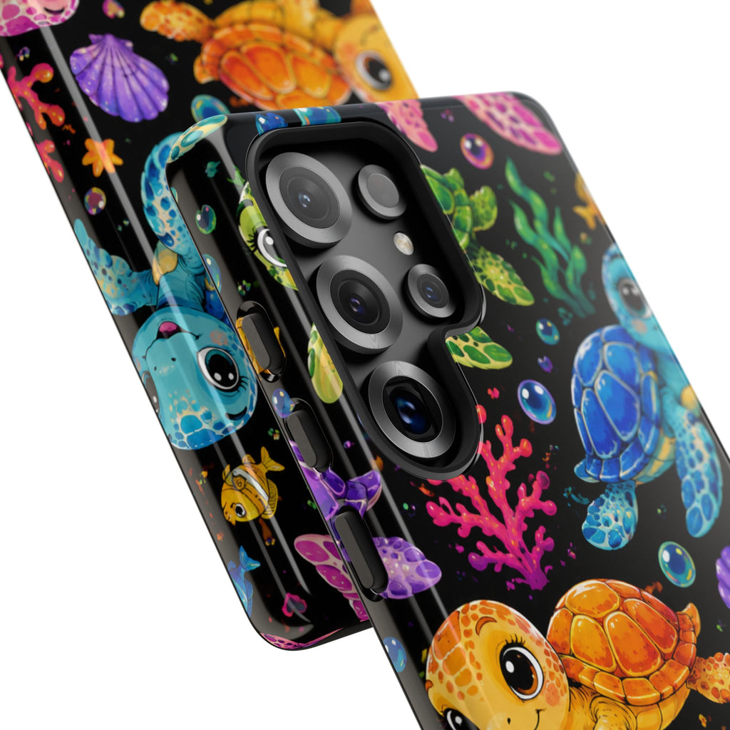 Phone Case — Colorful Cute Sea Turtles on Black (Protective Smartphone Cover)