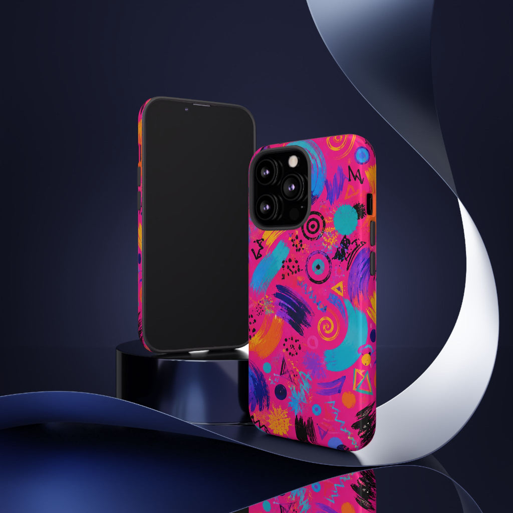 Neon Retro Abstract Tough Phone Case — 80s Brushstroke Pattern
