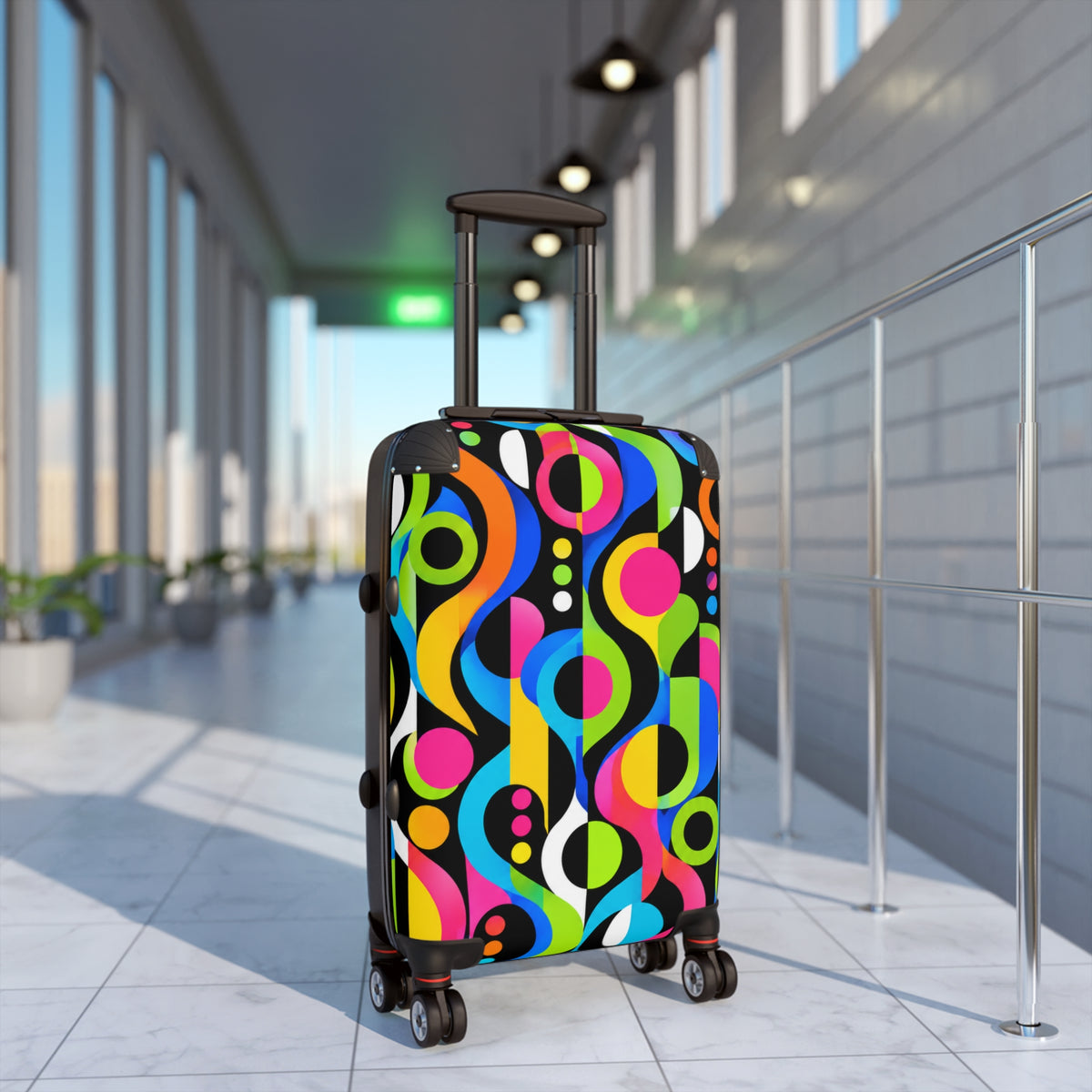 Retro Pop Geometric Carry-On Suitcase — Colorful 70s-Inspired Travel Luggage