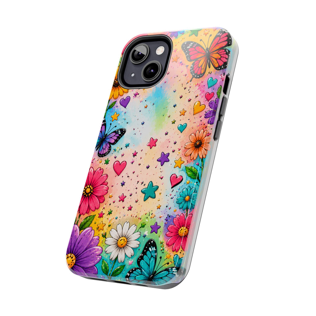 Colorful Butterflies and Flowers Tough Phone Case | Rainbow Hearts Stars