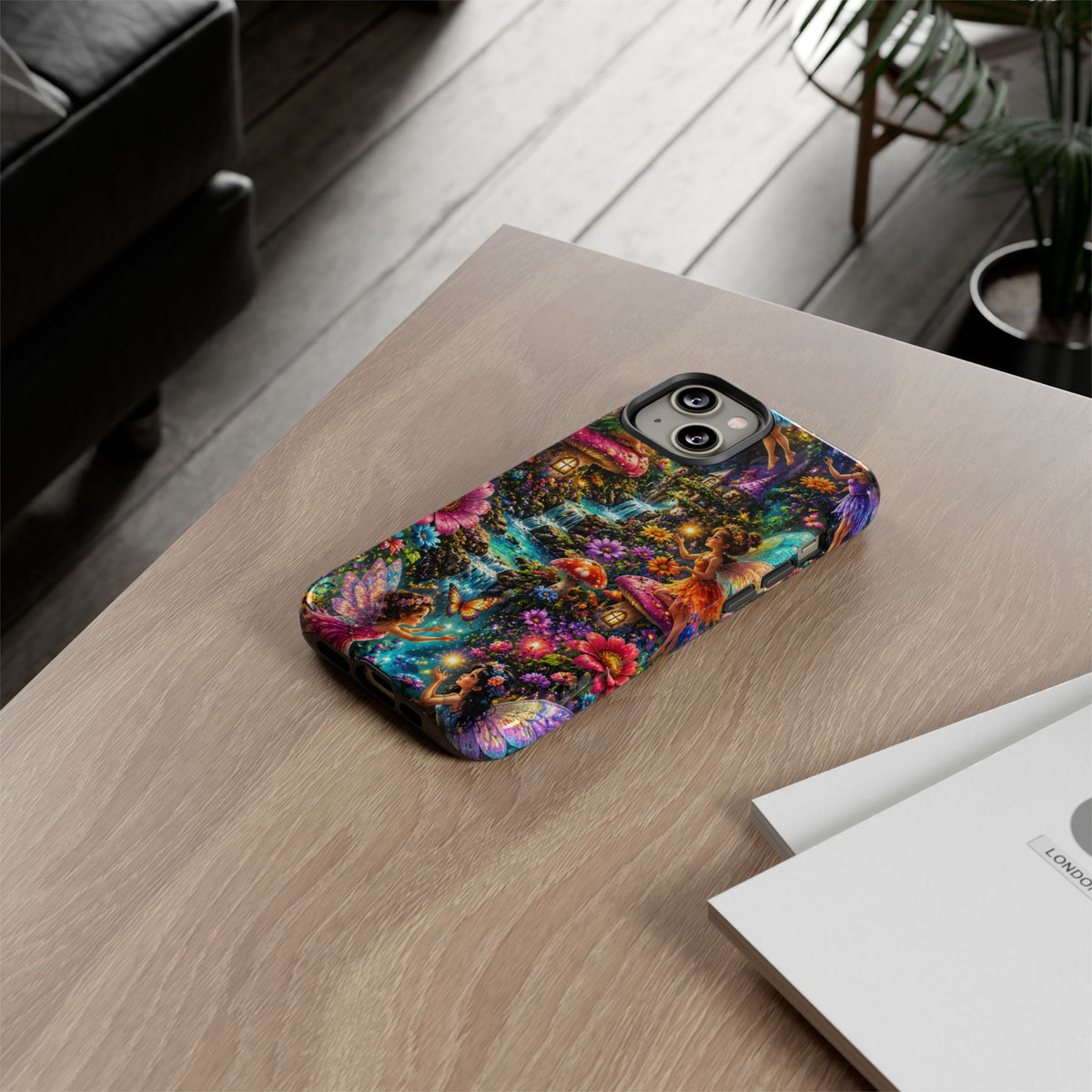 Fairy Garden Tough Phone Case — Whimsical Cottage, Waterfall & Mushroom Artwork