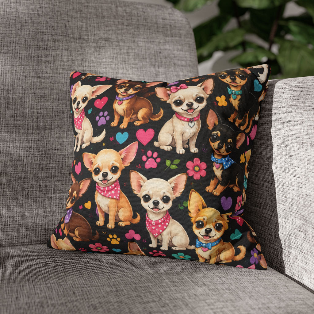 Chihuahua Pattern Pillowcase | Square Throw Pillowcase with Cute Dogs and Paw Prints