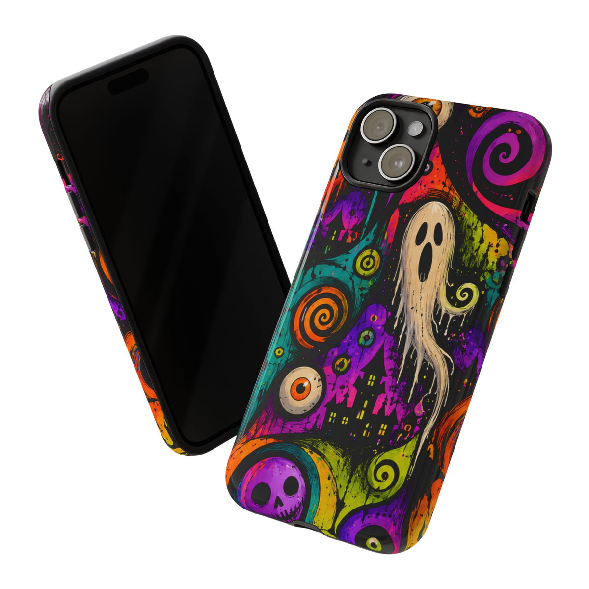 Halloween Ghost Phone Case — Colorful Spooky Skull & Haunted House Tough Case