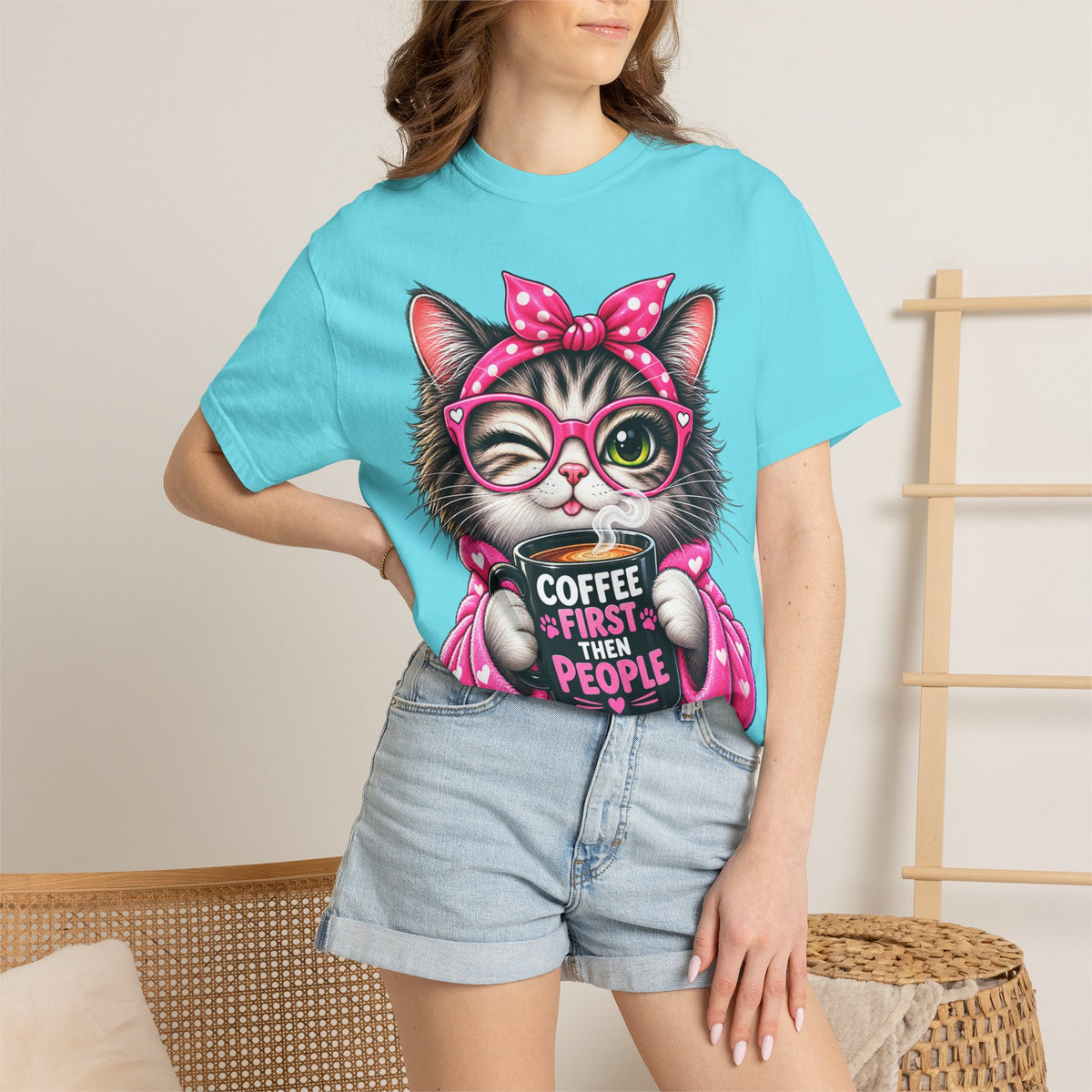 Cat Coffee Tee — "Coffee First Then People" Cute Cat Graphic T-Shirt