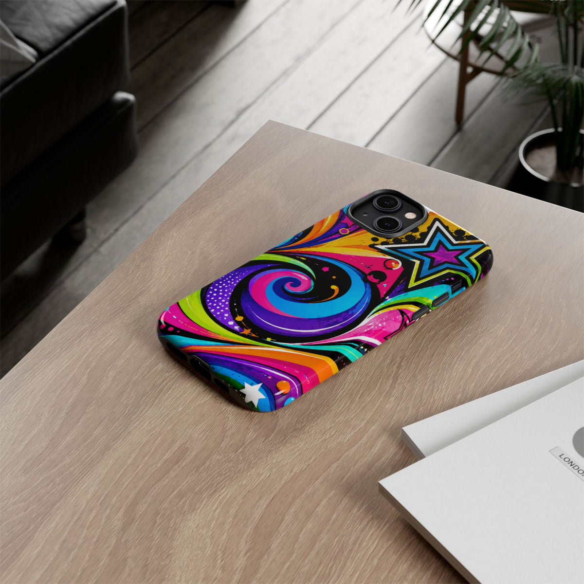Psychedelic Swirl Phone Case — Bold Retro Stars & Neon Pop Art Tough Case
