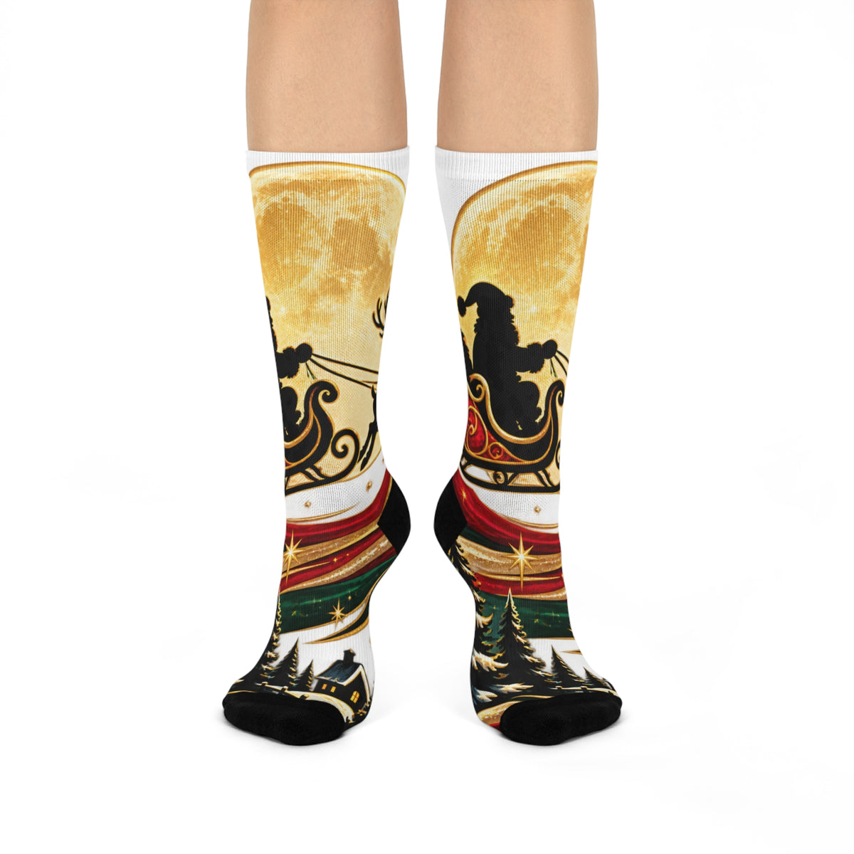 Christmas Santa Sleigh Crew Socks — Moonlit Reindeer Holiday Cushion Socks