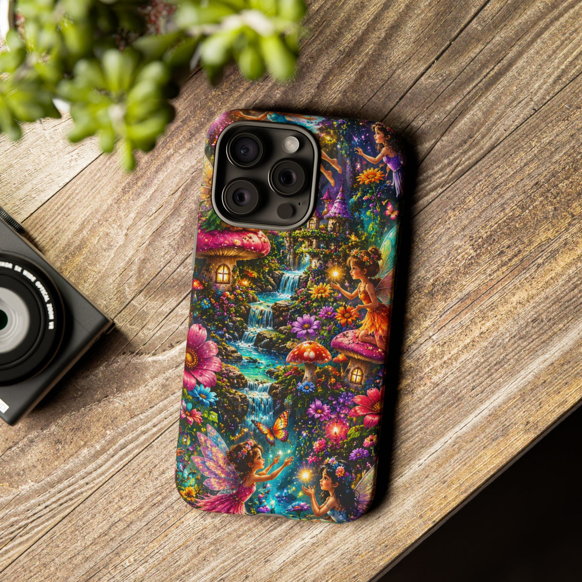 Fairy Garden Tough Phone Case — Whimsical Cottage, Waterfall & Mushroom Artwork