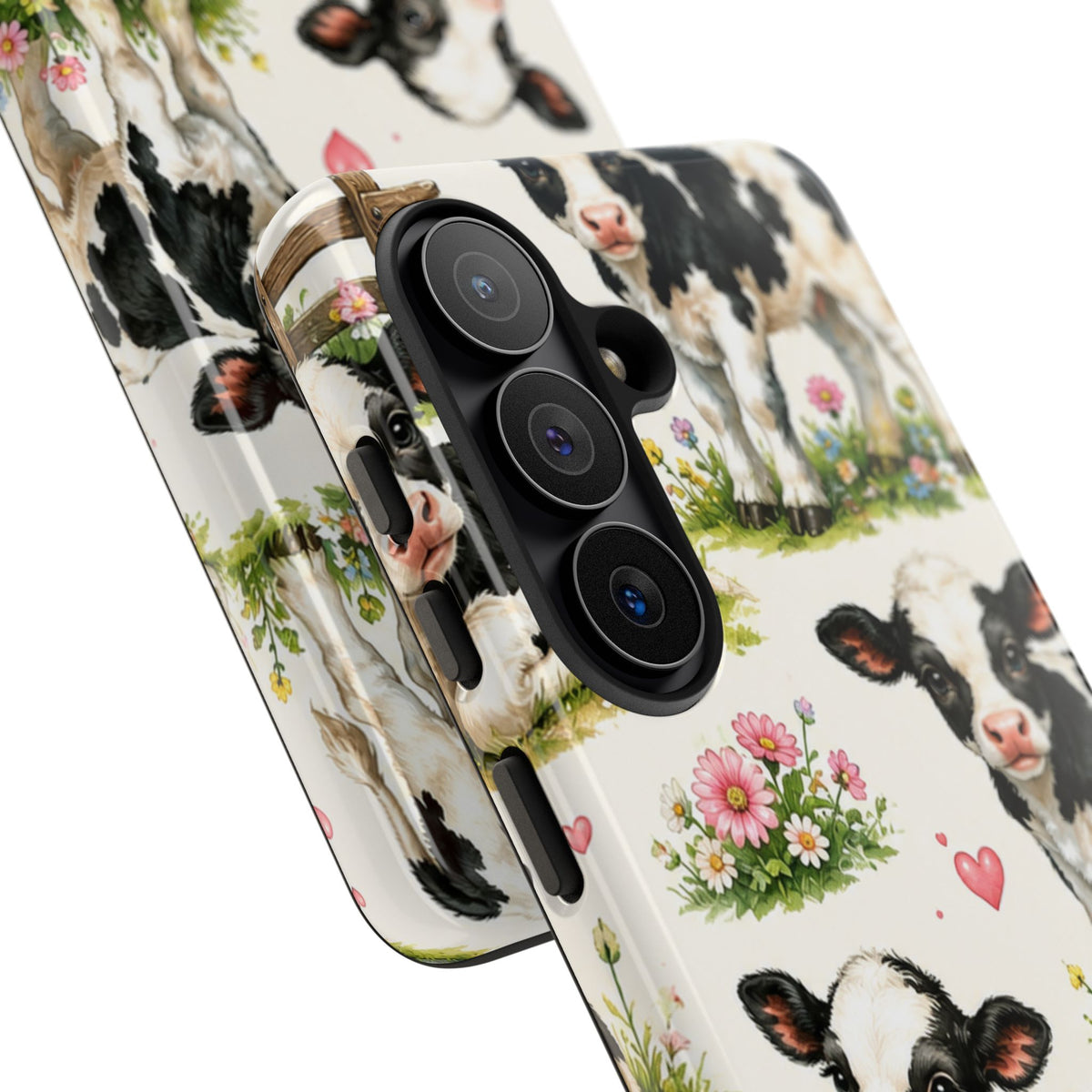 Cute Calf Pattern Phone Case – Pastel Cow Hearts & Flowers Protective Cover