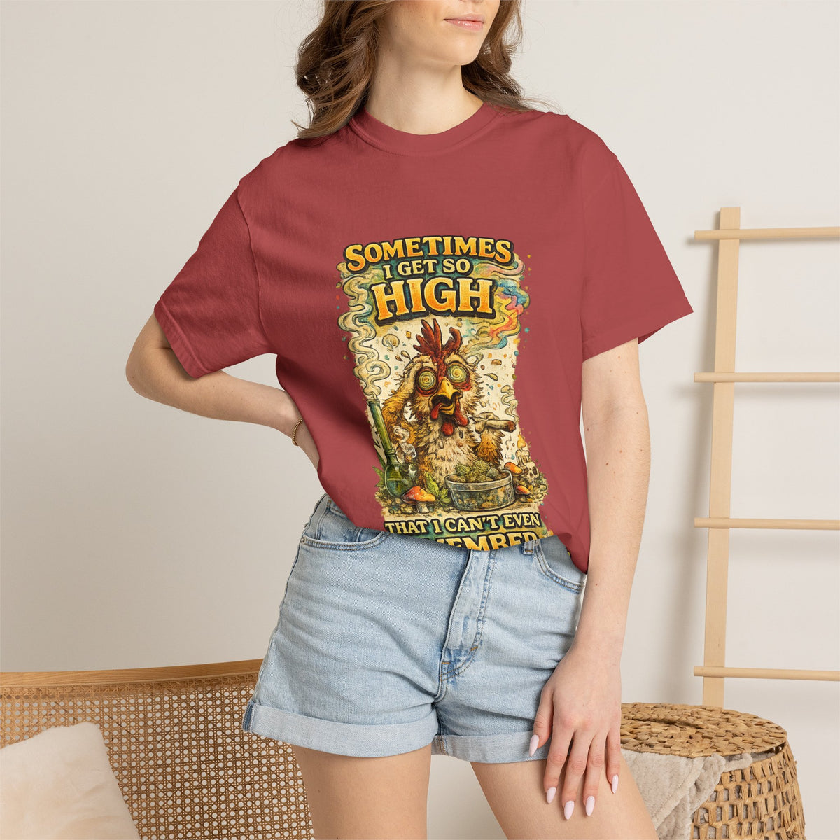 Sometimes I Get So High chicken illustration T-shirt | psychedelic farm design