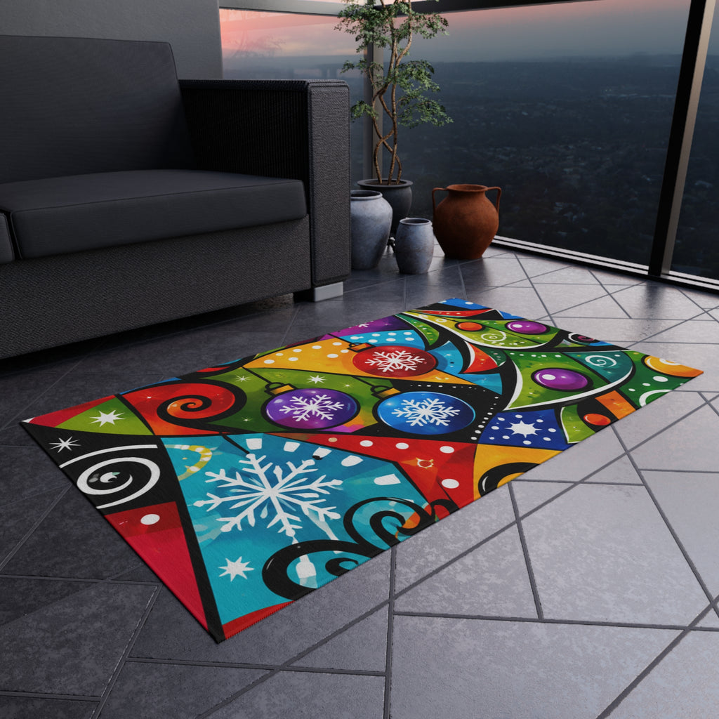 Festive Christmas Outdoor Rug — Colorful Holiday Tree & Ornaments Doormat
