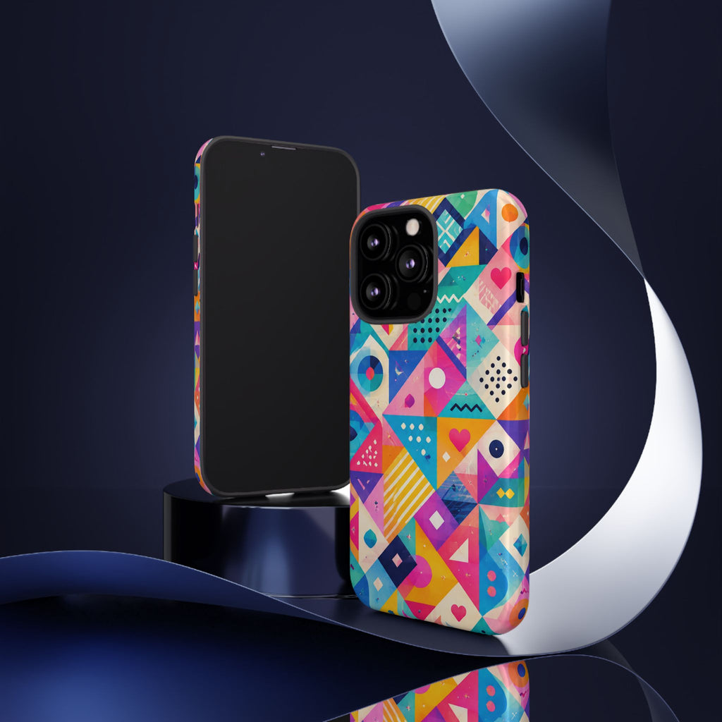 Colorful Geometric Tough Phone Case — Bright Abstract Heart & Triangle Pattern