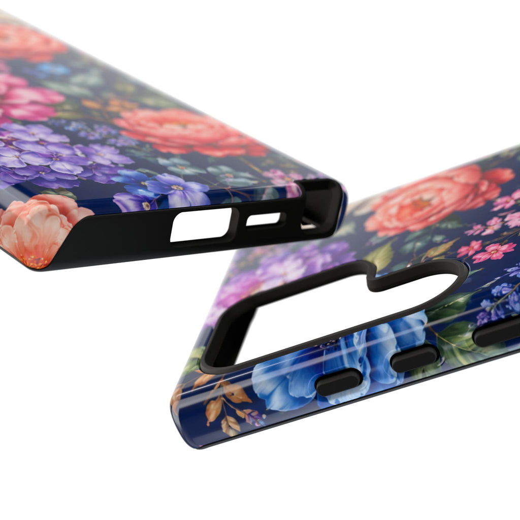Floral Tough Phone Case – Vibrant Garden Flowers on Navy