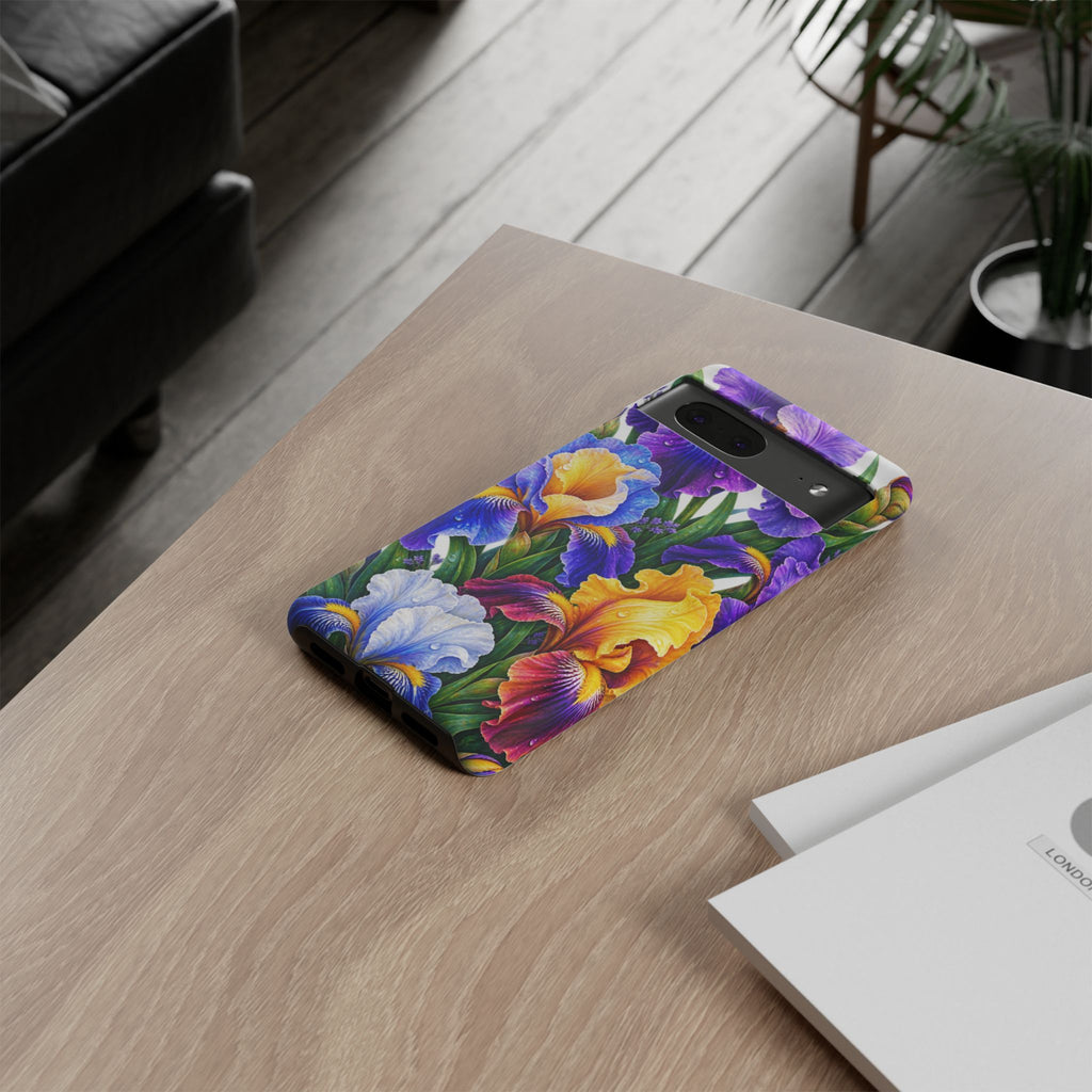 Floral Iris Tough Phone Case — Colorful Watercolor Iris Protective Cover