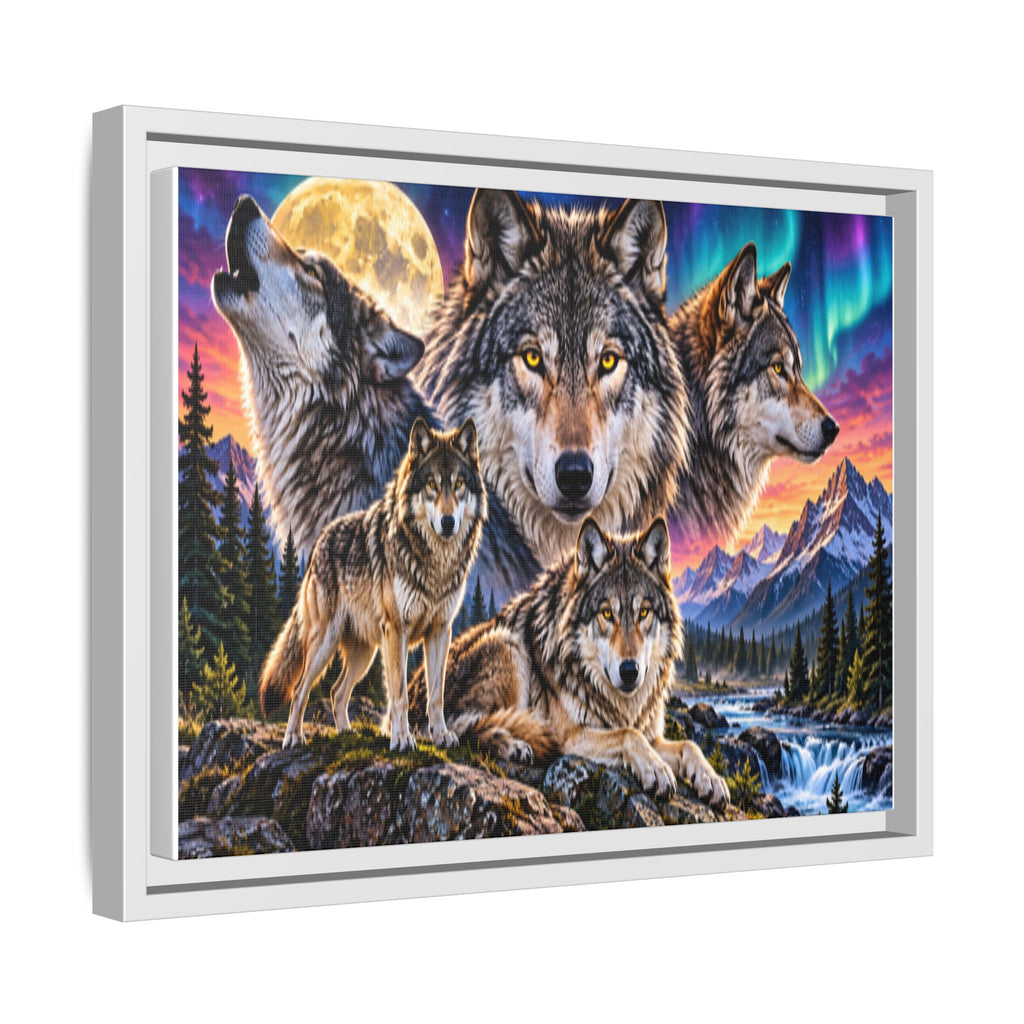 Framed Wolf Pack Matte Canvas Wall Art — Northern Lights Wilderness Scene