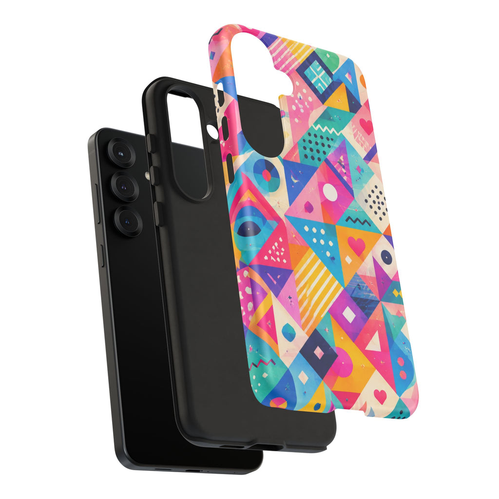 Colorful Geometric Tough Phone Case — Bright Abstract Heart & Triangle Pattern