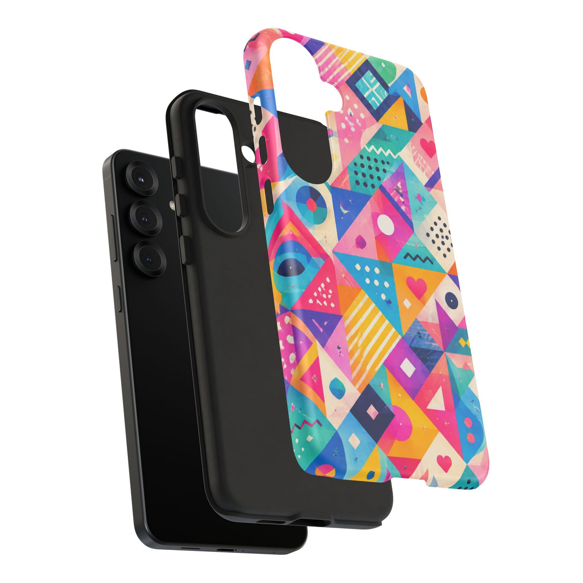 Colorful Geometric Tough Phone Case — Bright Abstract Heart & Triangle Pattern