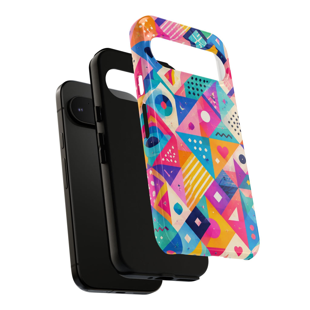 Colorful Geometric Tough Phone Case — Bright Abstract Heart & Triangle Pattern