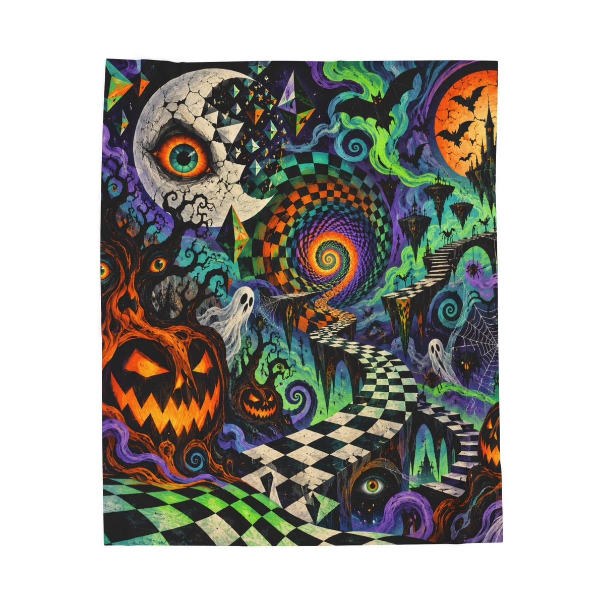 Halloween Psychedelic Plush Blanket - Spooky Pumpkin, Ghosts & Spiral Art Throw