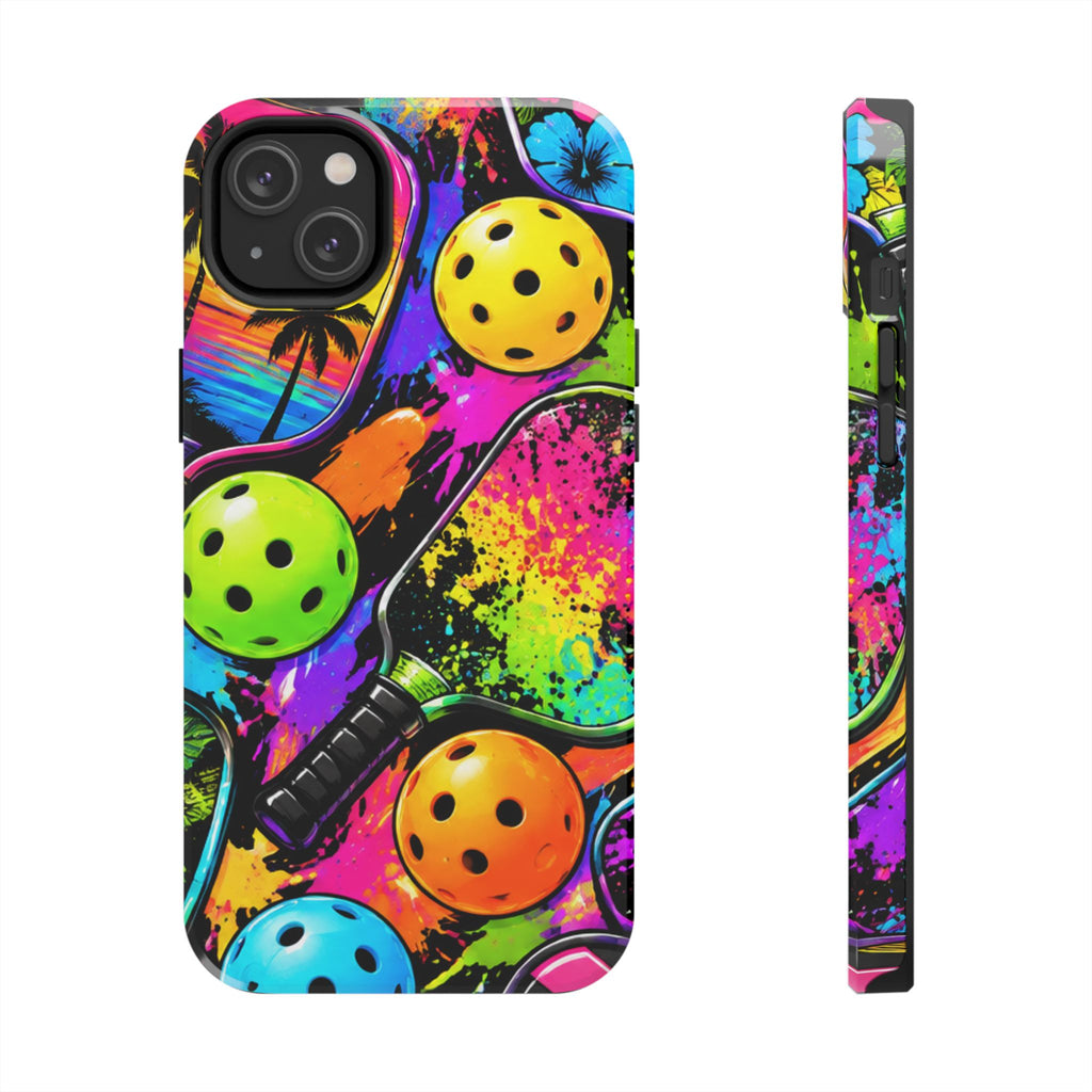 Pickleball Splash Tough Phone Case — Neon Paddle & Ball Protective Cover