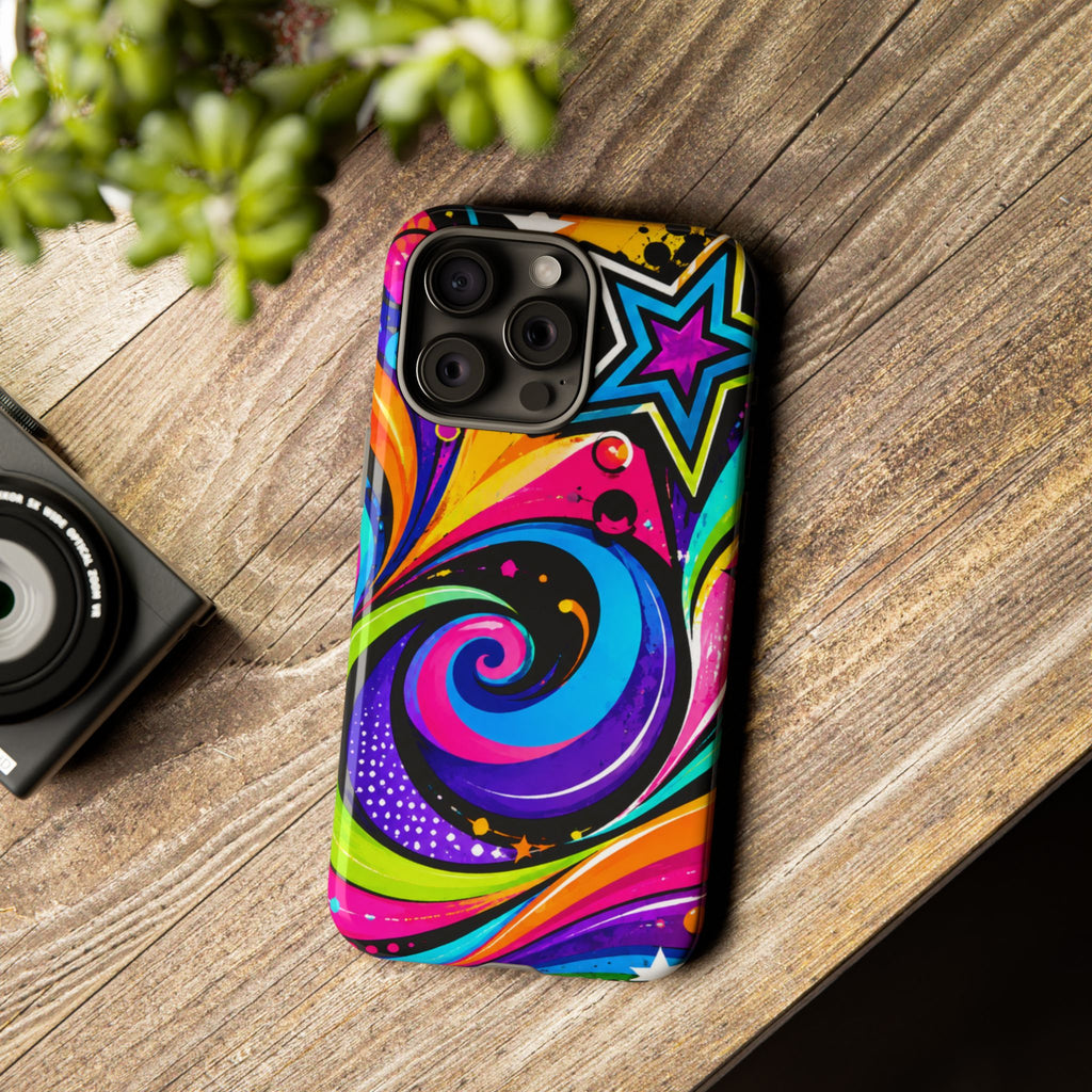 Psychedelic Swirl Phone Case — Bold Retro Stars & Neon Pop Art Tough Case