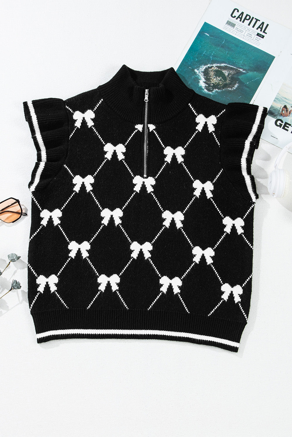 Bow Quarter-Zip Short Sleeve Sweater
