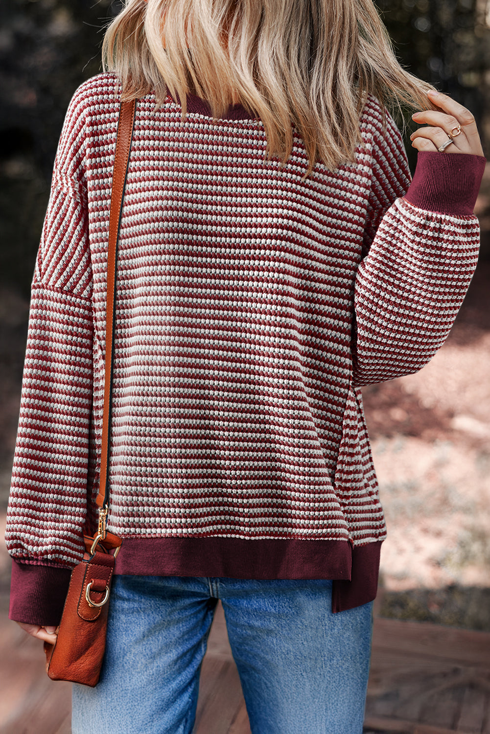 Stripe Ribbed Trim Drop Shoulder Top