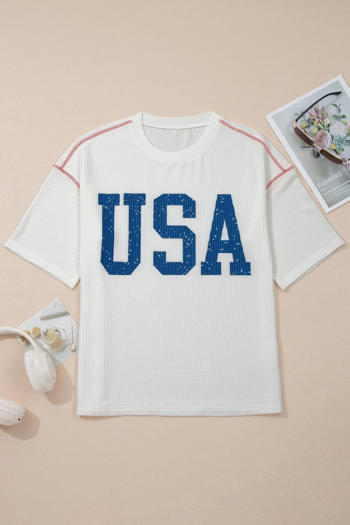 USA Corded Knit Short Sleeve Graphic Top