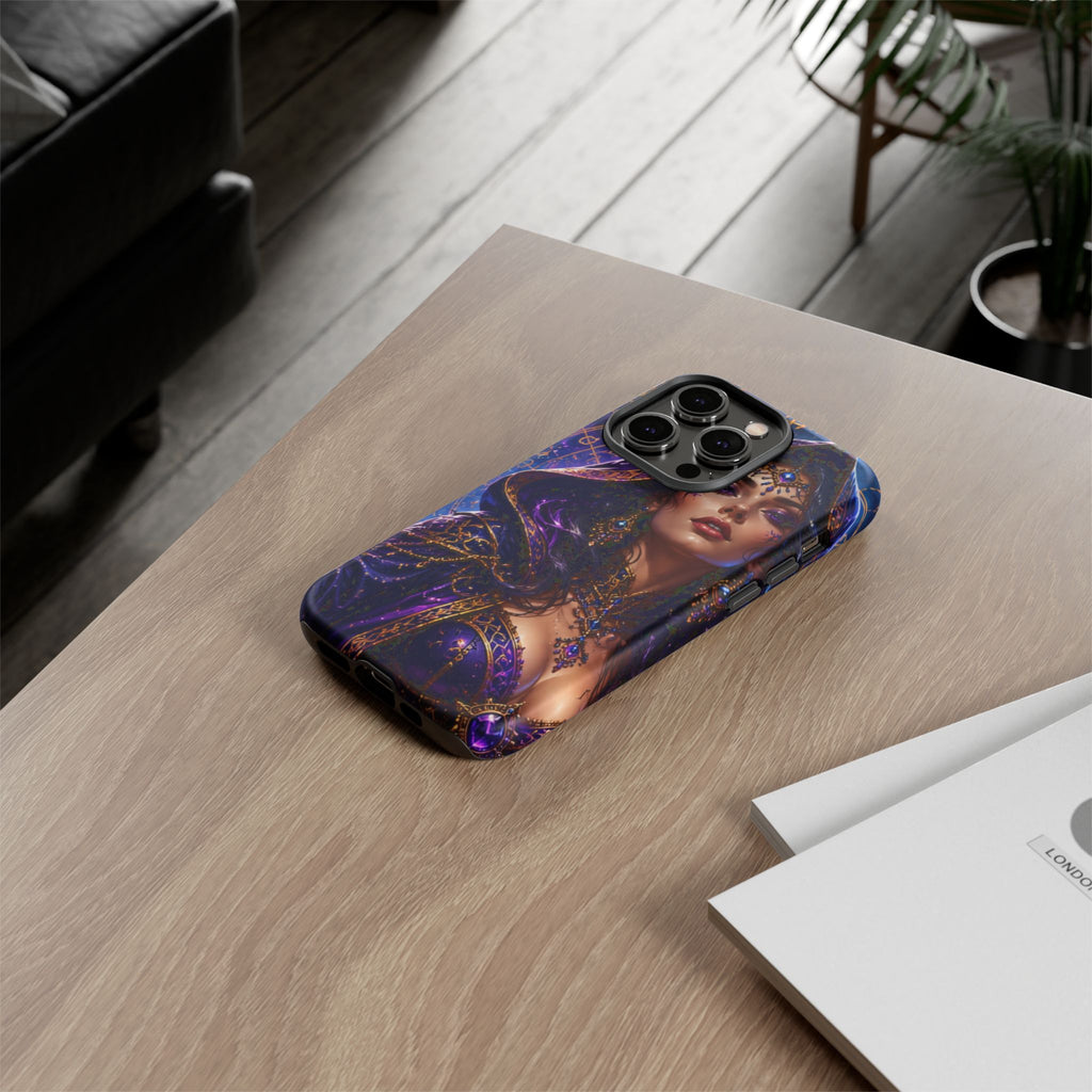 Phone Case — Mystical Sorceress Art Protective Tough Case (Astrology, Purple Hooded Witch)