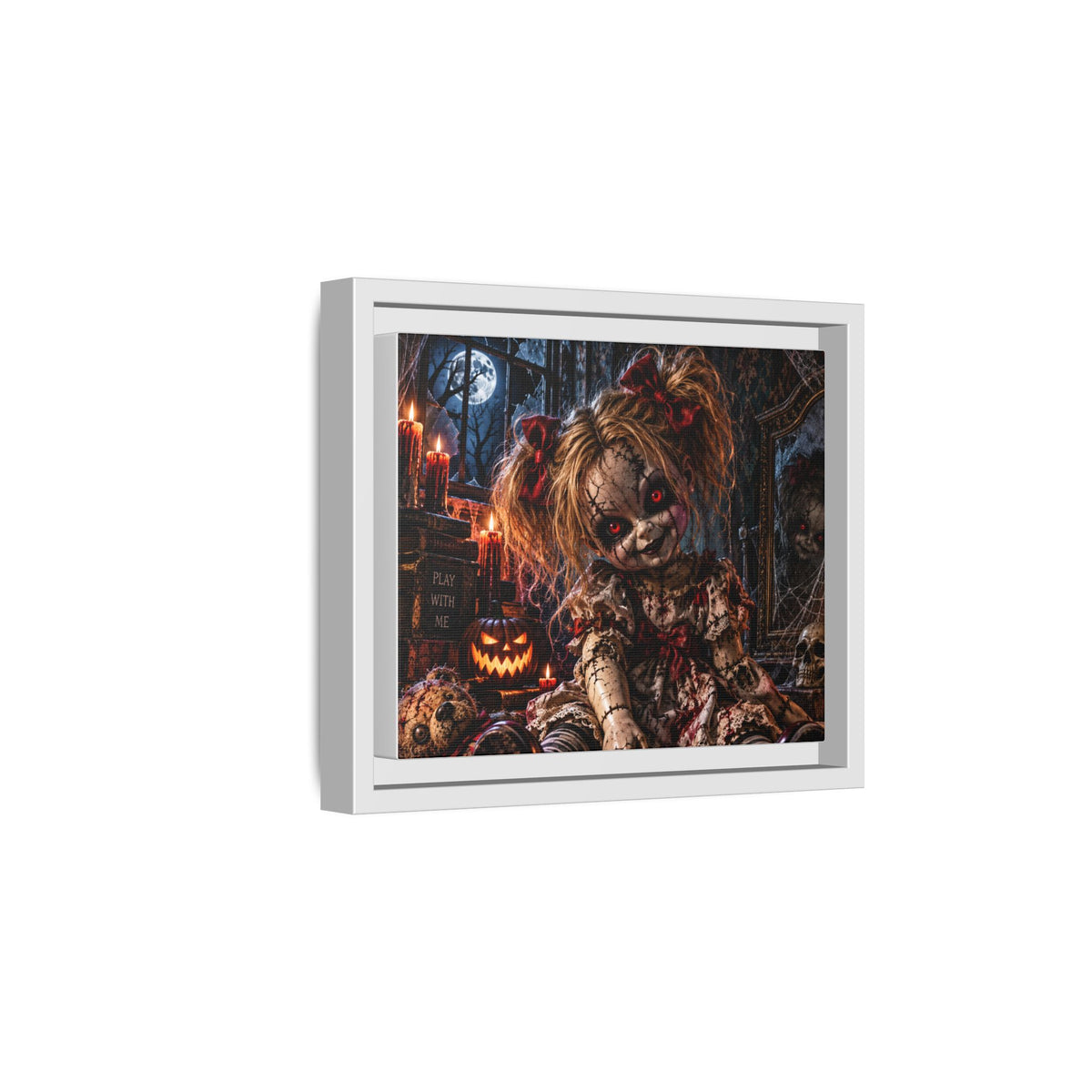 Creepy Halloween Doll Matte Framed Canvas — Spooky Haunted Nursery Wall Art