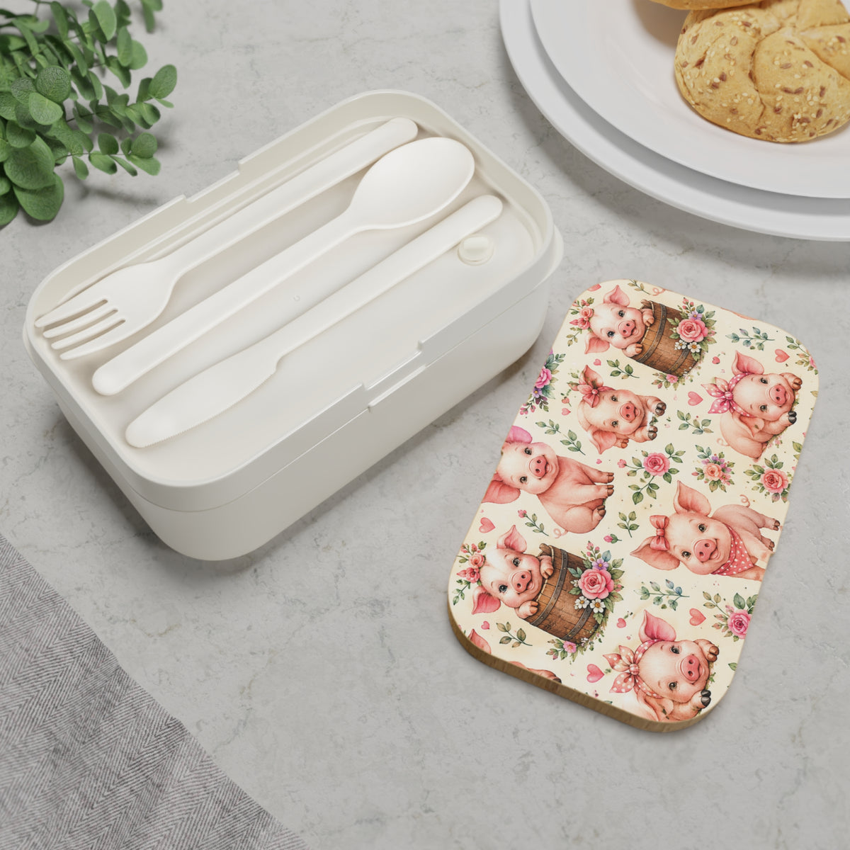 Cute Piglet Bento Lunch Box — Retro Floral Kawaii Kids Lunchbox