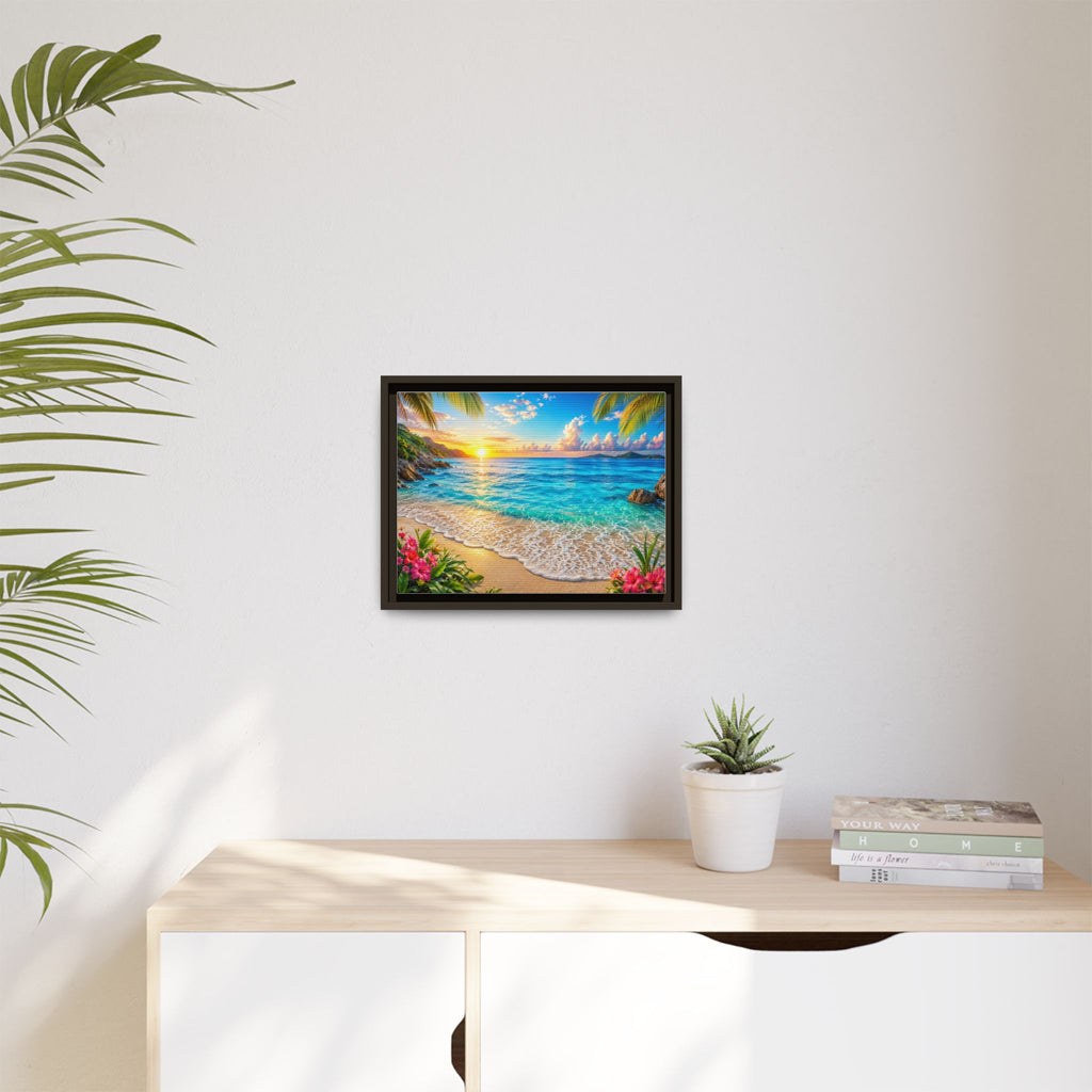 Framed Beach Sunset Matte Canvas Wall Art — Tropical Ocean Sunrise Decor