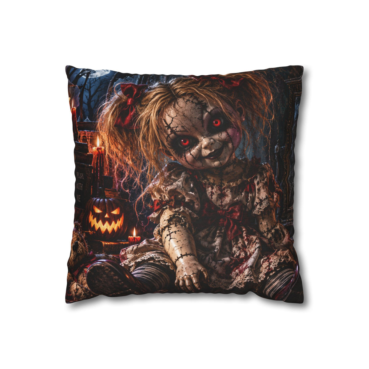 Creepy Halloween Doll Decorative Pillowcase — Spooky Pumpkin Horror Throw Cover