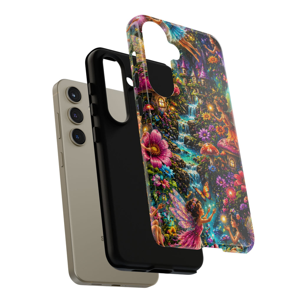 Fairy Garden Tough Phone Case — Whimsical Cottage, Waterfall & Mushroom Artwork