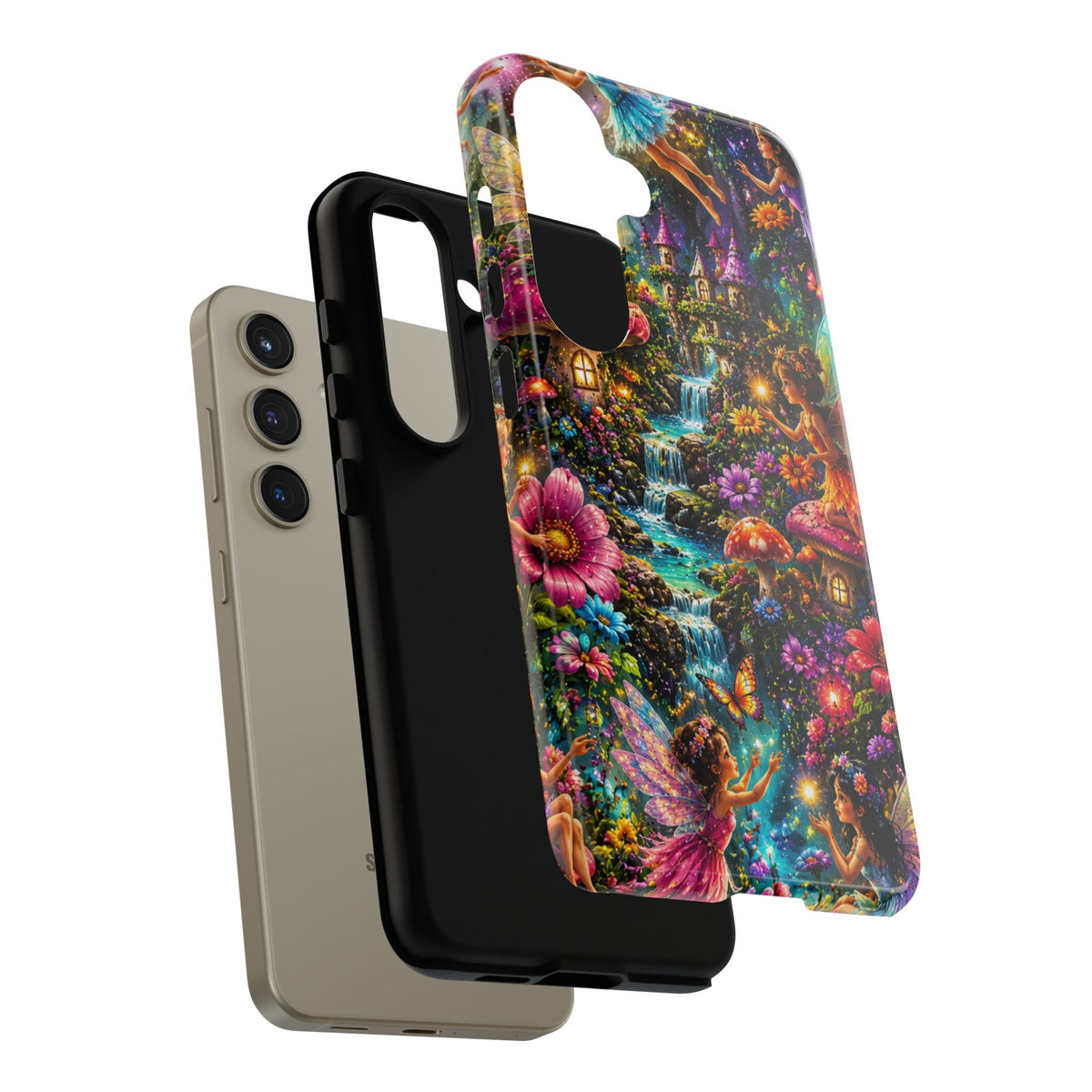 Fairy Garden Tough Phone Case — Whimsical Cottage, Waterfall & Mushroom Artwork