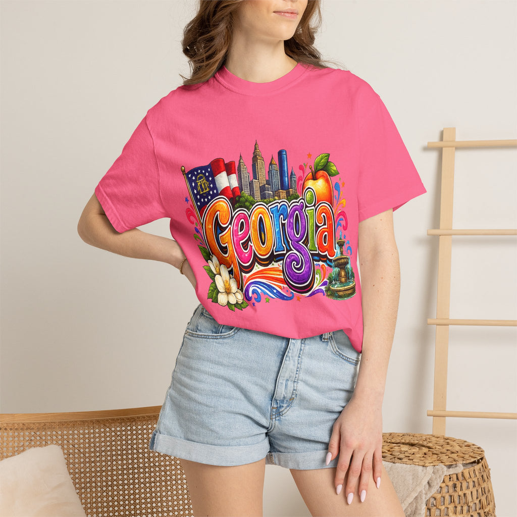 Georgia state illustration T-shirt | Atlanta skyline, peach, magnolia