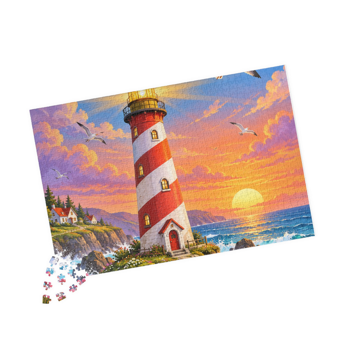 Lighthouse Sunset Seaside Puzzle 520-Piece | Scenic Ocean Jigsaw