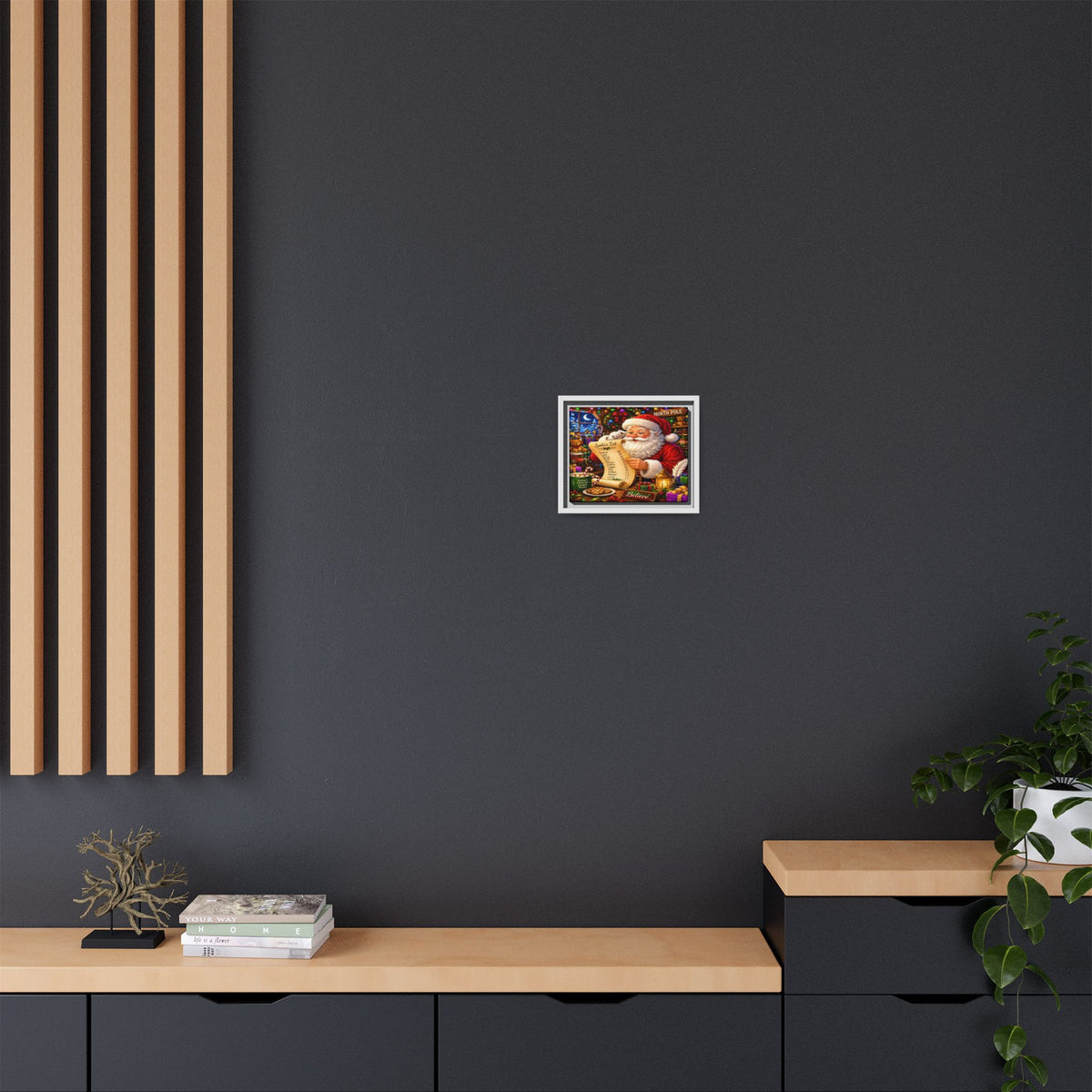 Santa Reading Wish List Matte Framed Canvas — Christmas Holiday Wall Art