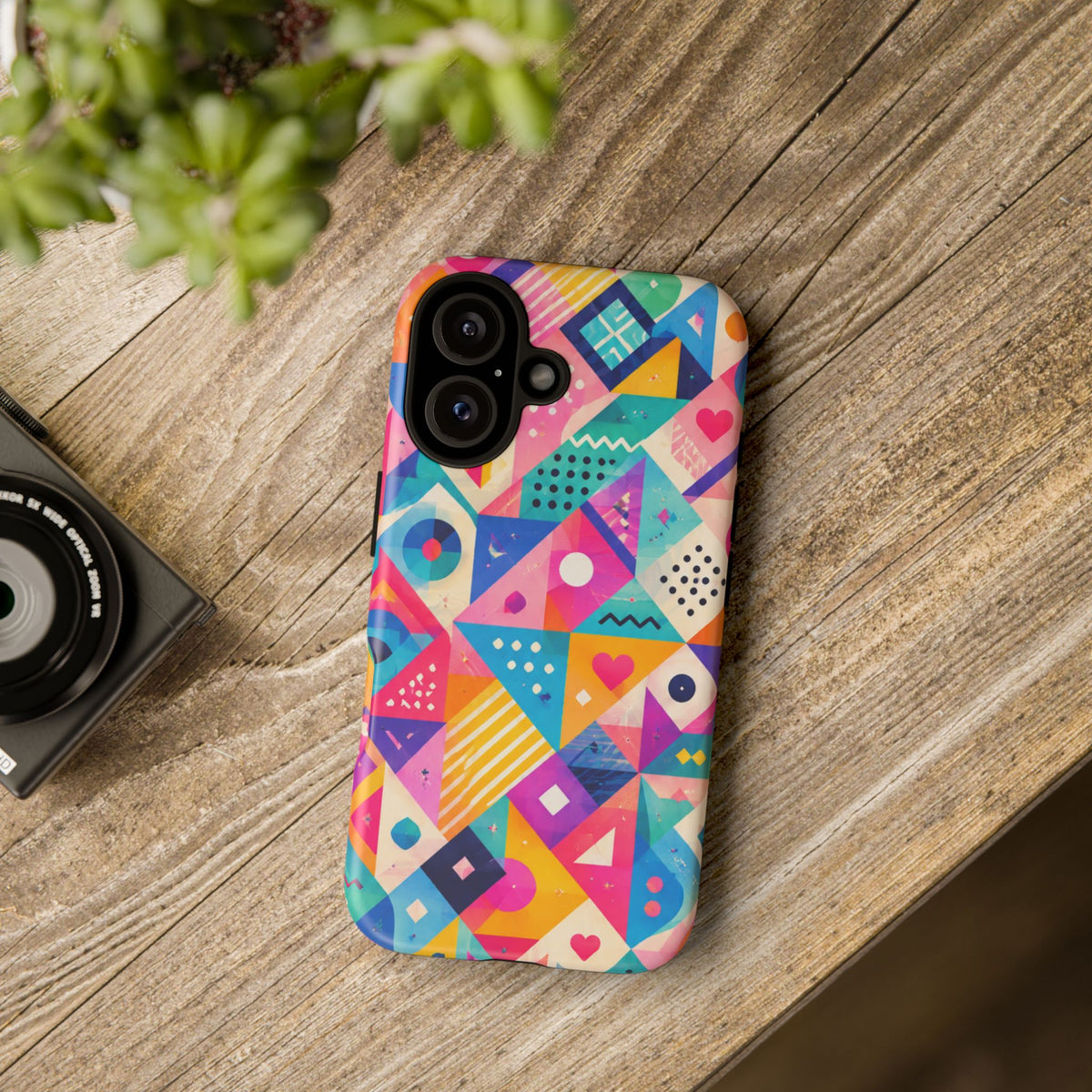 Colorful Geometric Tough Phone Case — Bright Abstract Heart & Triangle Pattern